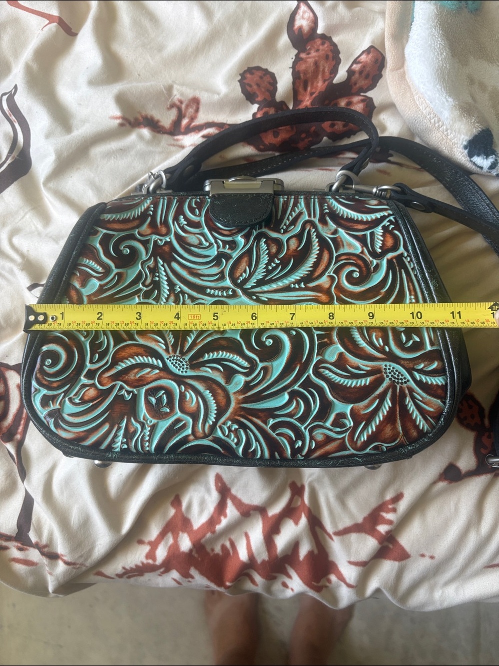 Patricia Nash Turquoise and Brown Tooled Floral Crossbody - Picture 4 of 5
